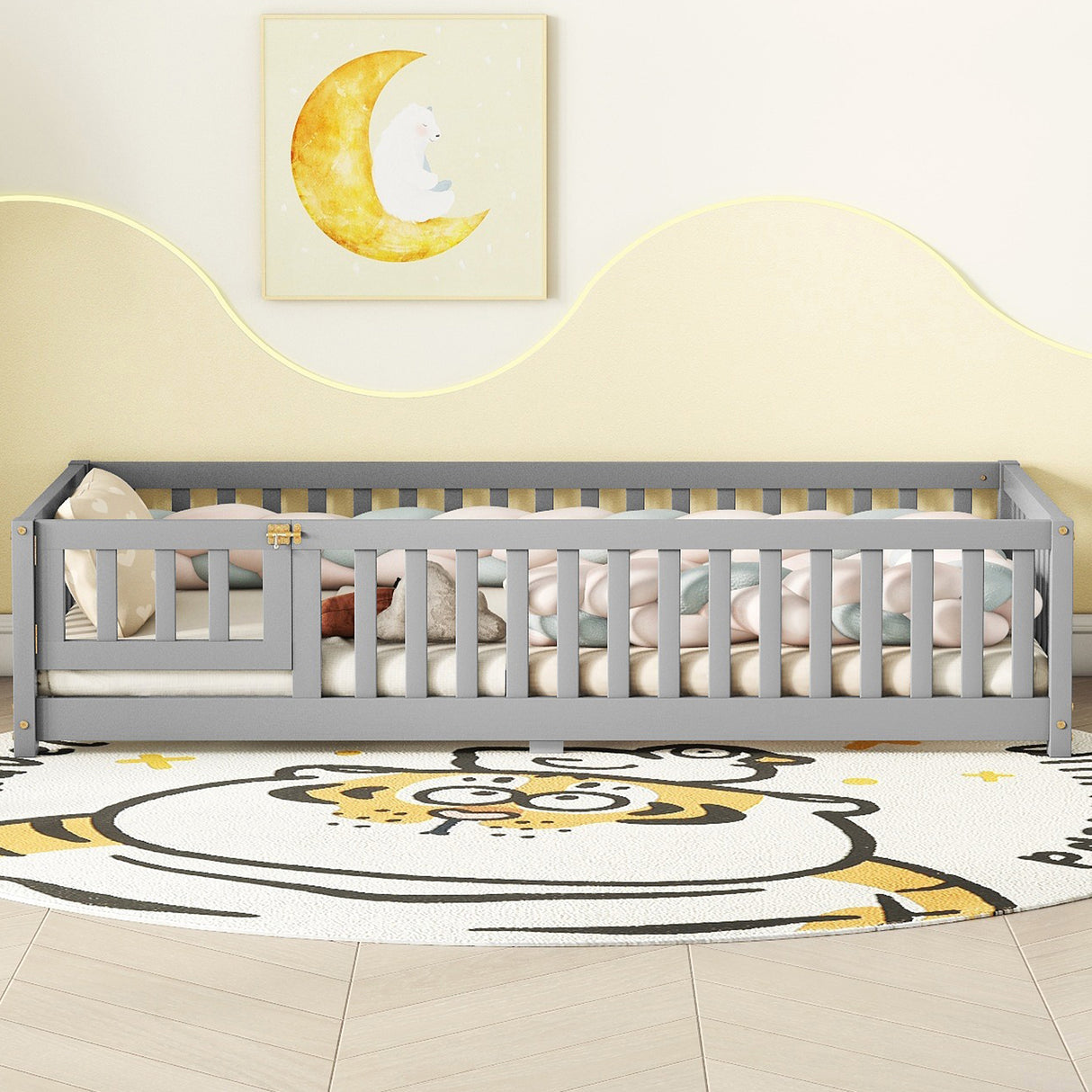 Twin Size Bed Floor Bed with Safety Guardrails and Door for Kids, Gray - V.I.P Digital Presence