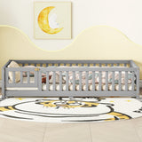 Twin Size Bed Floor Bed with Safety Guardrails and Door for Kids, Gray - V.I.P Digital Presence