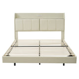 Large floating bed frame with storage headboard, touch sensor, night light and USB charger, padded platform bed, beige color - V.I.P Digital Presence