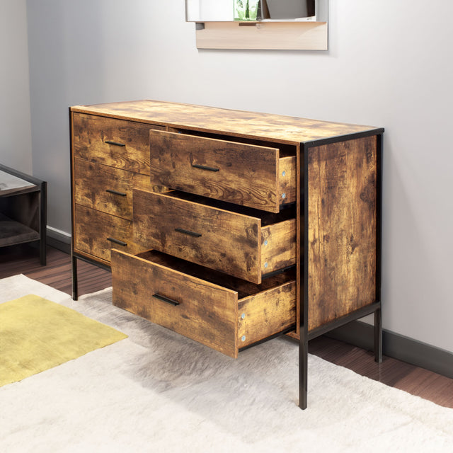 Industrial Style 6 Drawer Double Dresser Rustic Brown Wood Storage Dresser Clothes Organizer with Sturdy Steel Frame - V.I.P Digital Presence