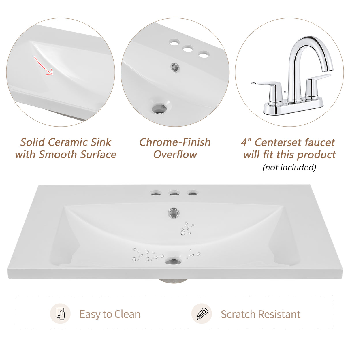 30" Single Bathroom Vanity Top with White Basin, 3-Faucet Holes, Ceramic, White - V.I.P Digital Presence