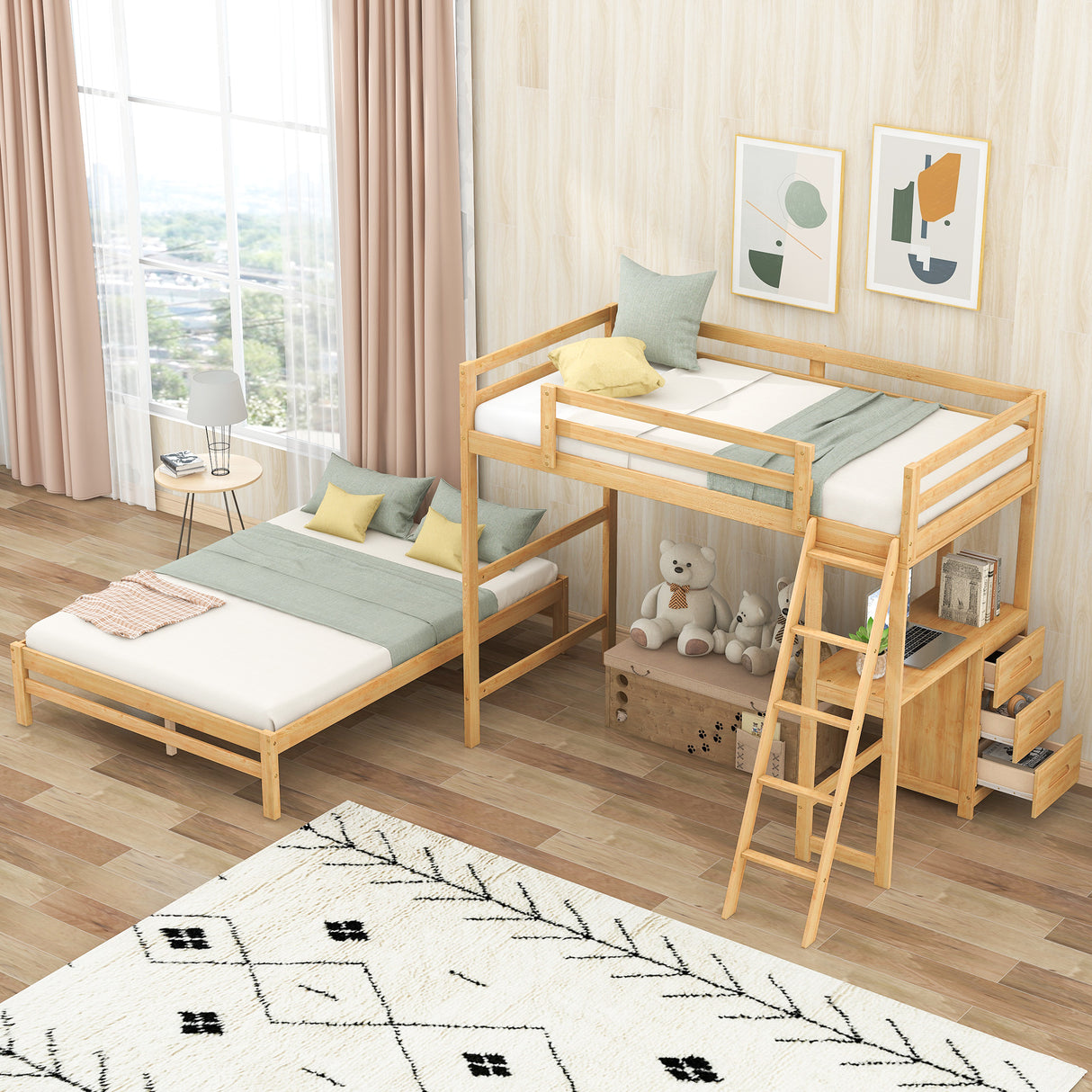 Twin over Full Bunk Bed with Built-in Desk and Three Drawers Natural