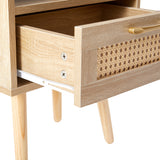 15.75" Rattan End table with Power Outlet & USB Ports  Modern nightstand with drawer and solid wood legs - V.I.P Digital Presence