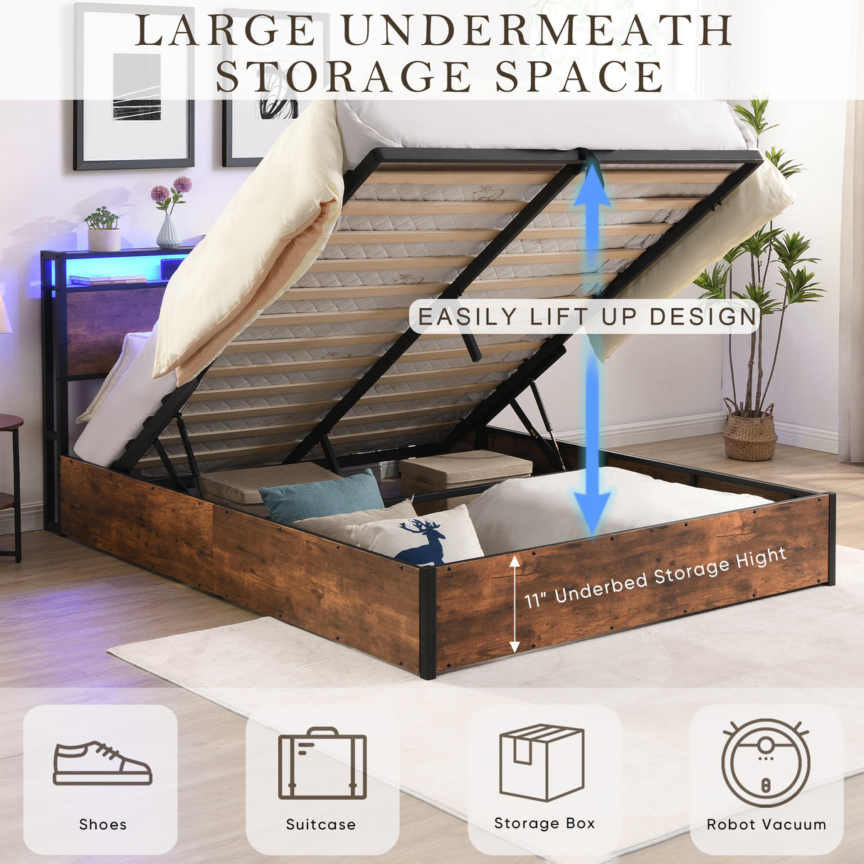 Elevating storage bed frame, full-size bed frame with bookshelf headboard and LED lights, with country brown color - V.I.P Digital Presence