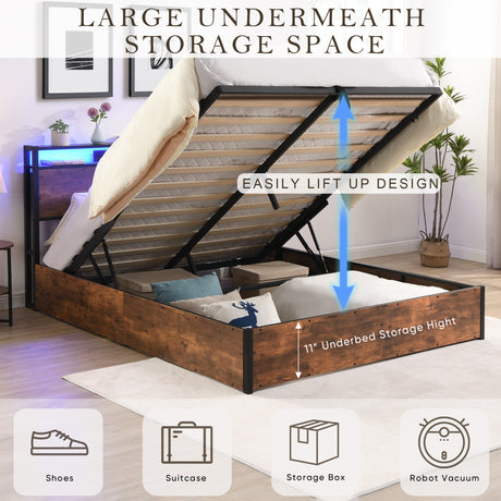 Elevating storage bed frame, full-size bed frame with bookshelf headboard and LED lights, with country brown color - V.I.P Digital Presence