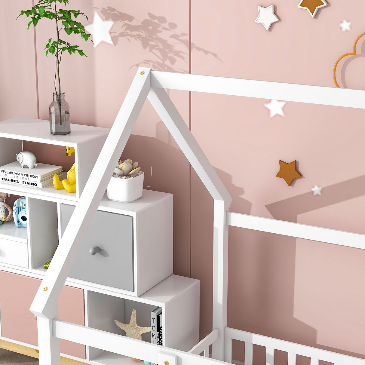 Full Size Floor Wooden Bed with House Roof Frame, Fence Guardrails ,White - V.I.P Digital Presence