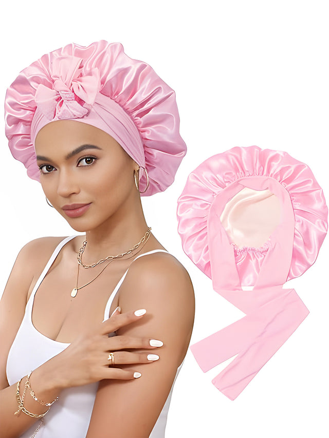 Bow bow ribbon nightcap single-layer color Ding round hat long tail hair care hat - V.I.P Digital Presence