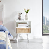 15.75" Rattan End table with drawer and solid wood legs Modern nightstand side table for living room  white - V.I.P Digital Presence