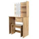 Vanity Desk Set Stool & Dressing Table with LED Lighting Mirror Drawer and Wood Cosmetic Table Chest of Drawers Nature Color - V.I.P Digital Presence
