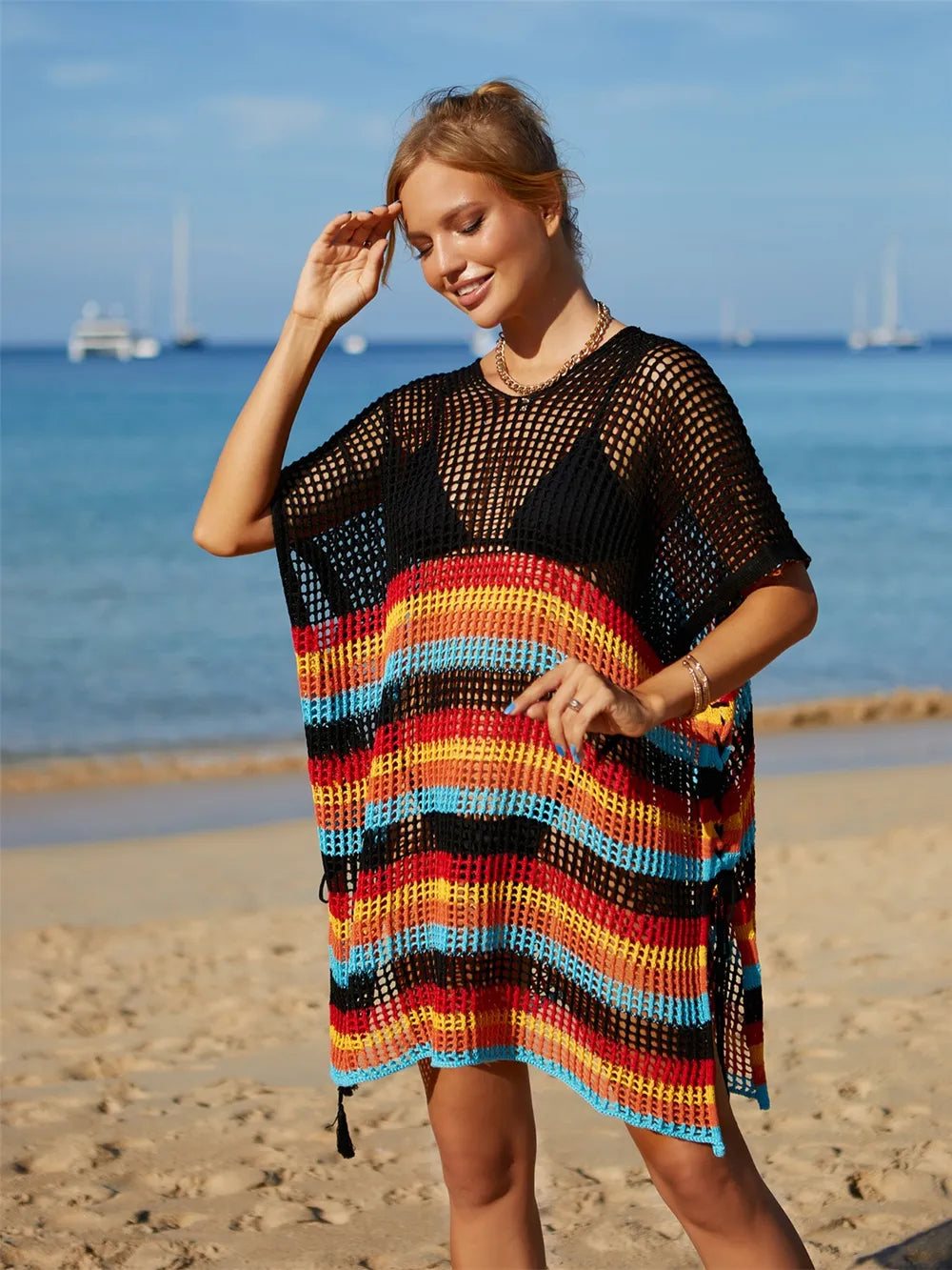 Cutout Striped Cover-Up with Tassel - V.I.P Digital Presence