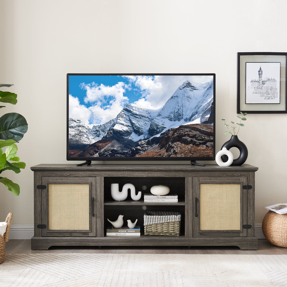 Vine TV stand console table, suitable for TVs under 70 inches, equipped with 2 storage shelves and 2 natural rattan doors, gray - V.I.P Digital Presence