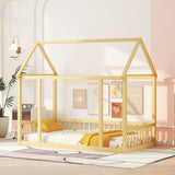 Twin Size Floor Wooden Bed with House Roof Frame and Safety Guardrails,Natural - V.I.P Digital Presence