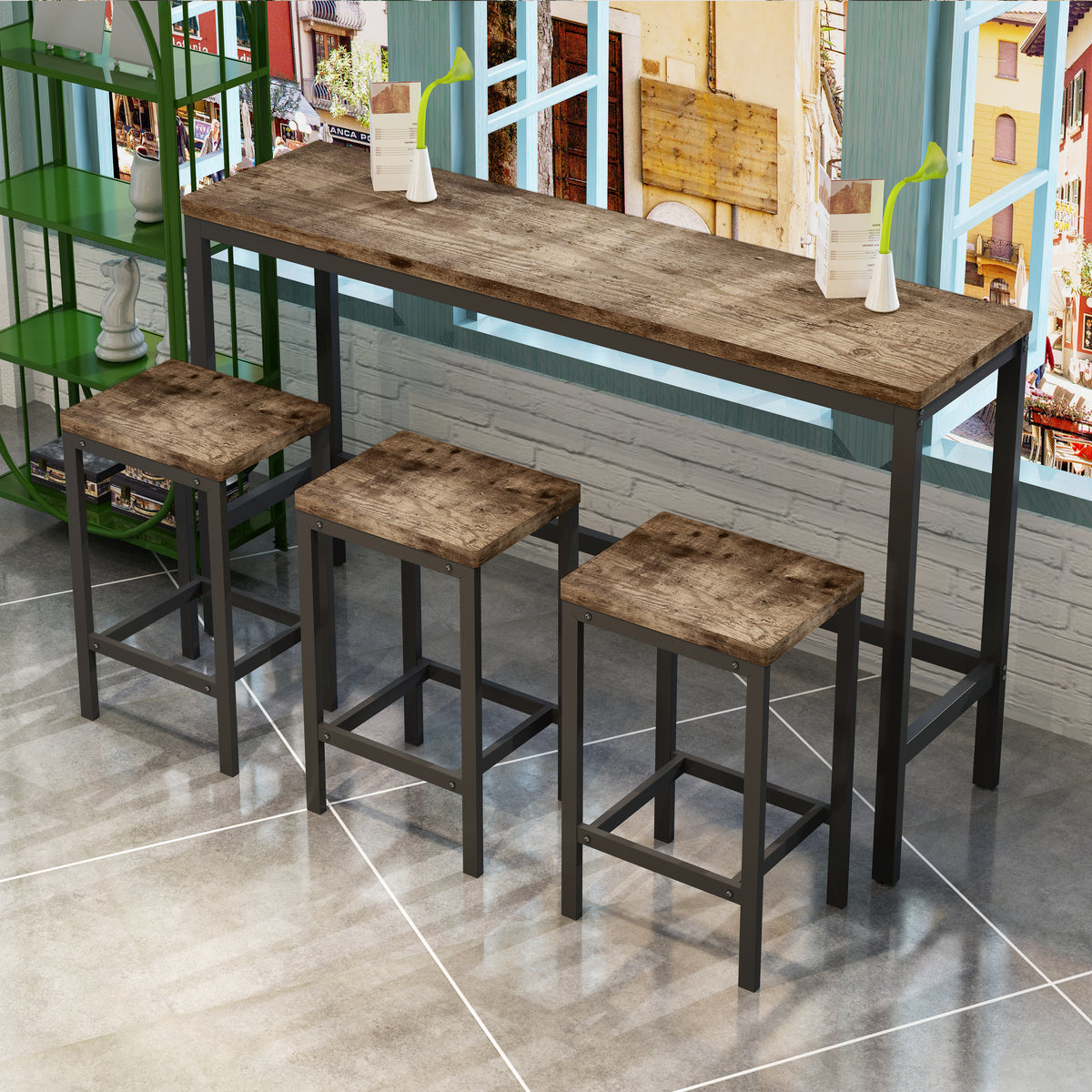 Modern Design Kitchen Dining Table Pub Table Long Dining Table Set with 3 Stools Easy Assembly Natural - V.I.P Digital Presence