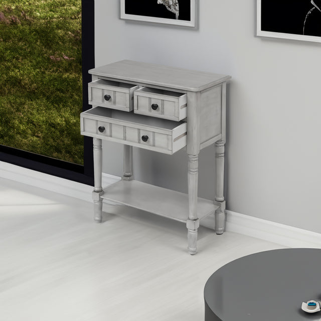 TREXM Narrow Console Desk, Thin Sofa Table with Three Storage Drawers and Living Room Bottom Shelves (Grey Washed) - V.I.P Digital Presence
