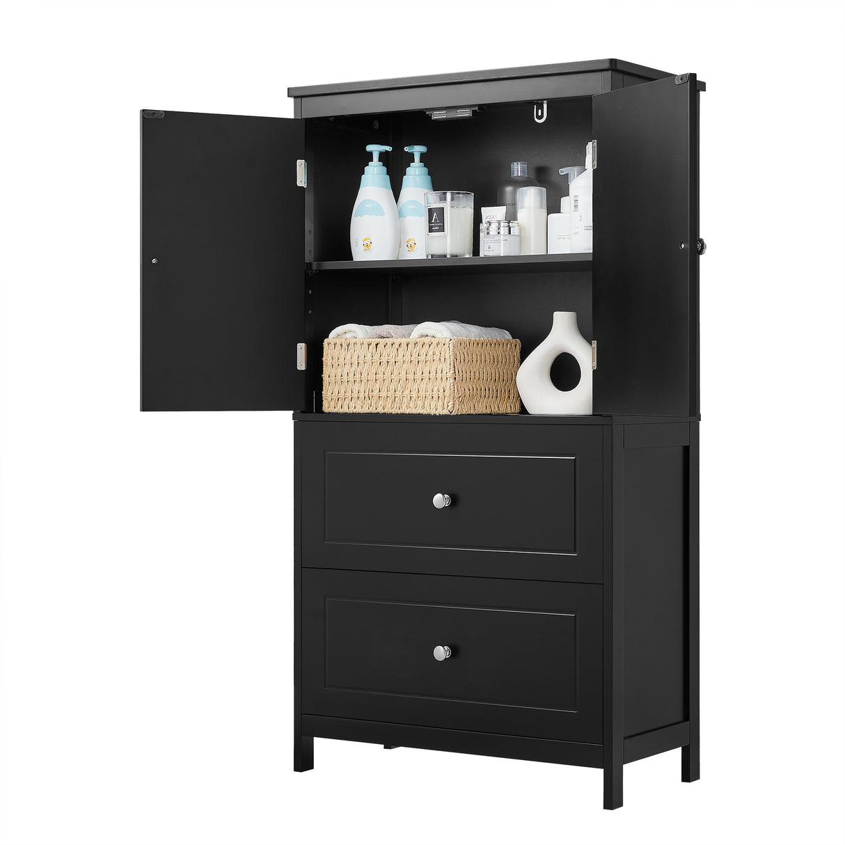 Bathroom Storage Cabinet, Cabinet with Two Doors and Drawers, Adjustable Shelf, MDF Board, Black - V.I.P Digital Presence