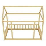 Twin Size Floor Wooden Bed with House Roof Frame and Safety Guardrails,Natural - V.I.P Digital Presence