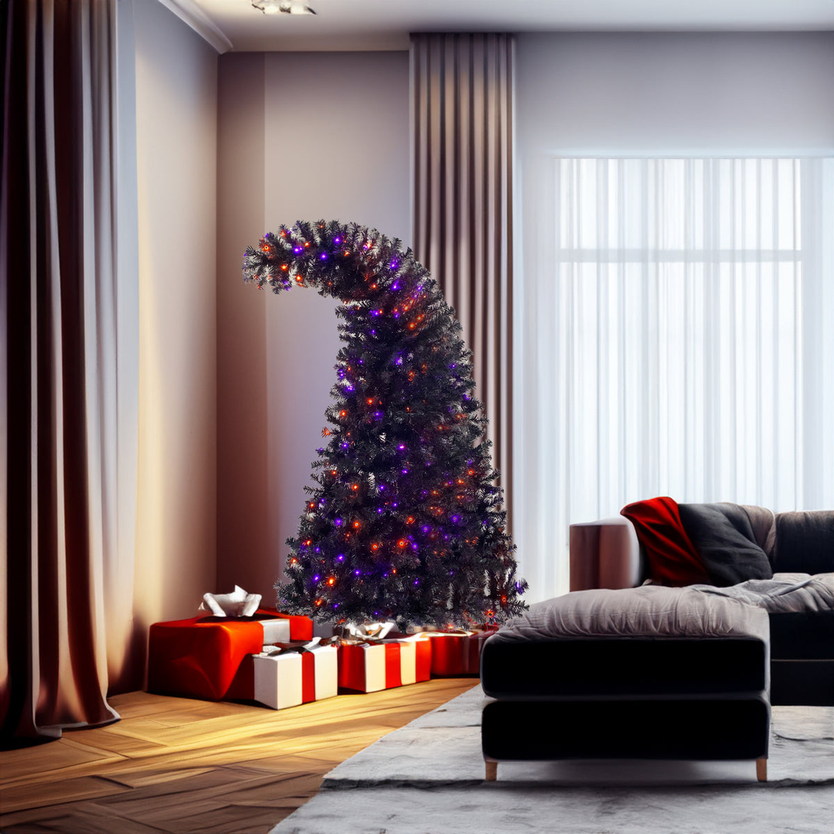 6FT artificial fir curved top Halloween tree, with 1080 lush branch tips and 300 LED lights in a Christmas and Halloween style - V.I.P Digital Presence