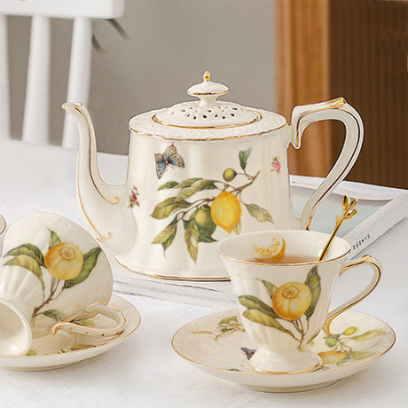 European - style Elegant Lemon Espresso Cups Set: Includes Tea Cups, Saucers, Ceramic Mugs, and a Dessert Plate - V.I.P Digital Presence
