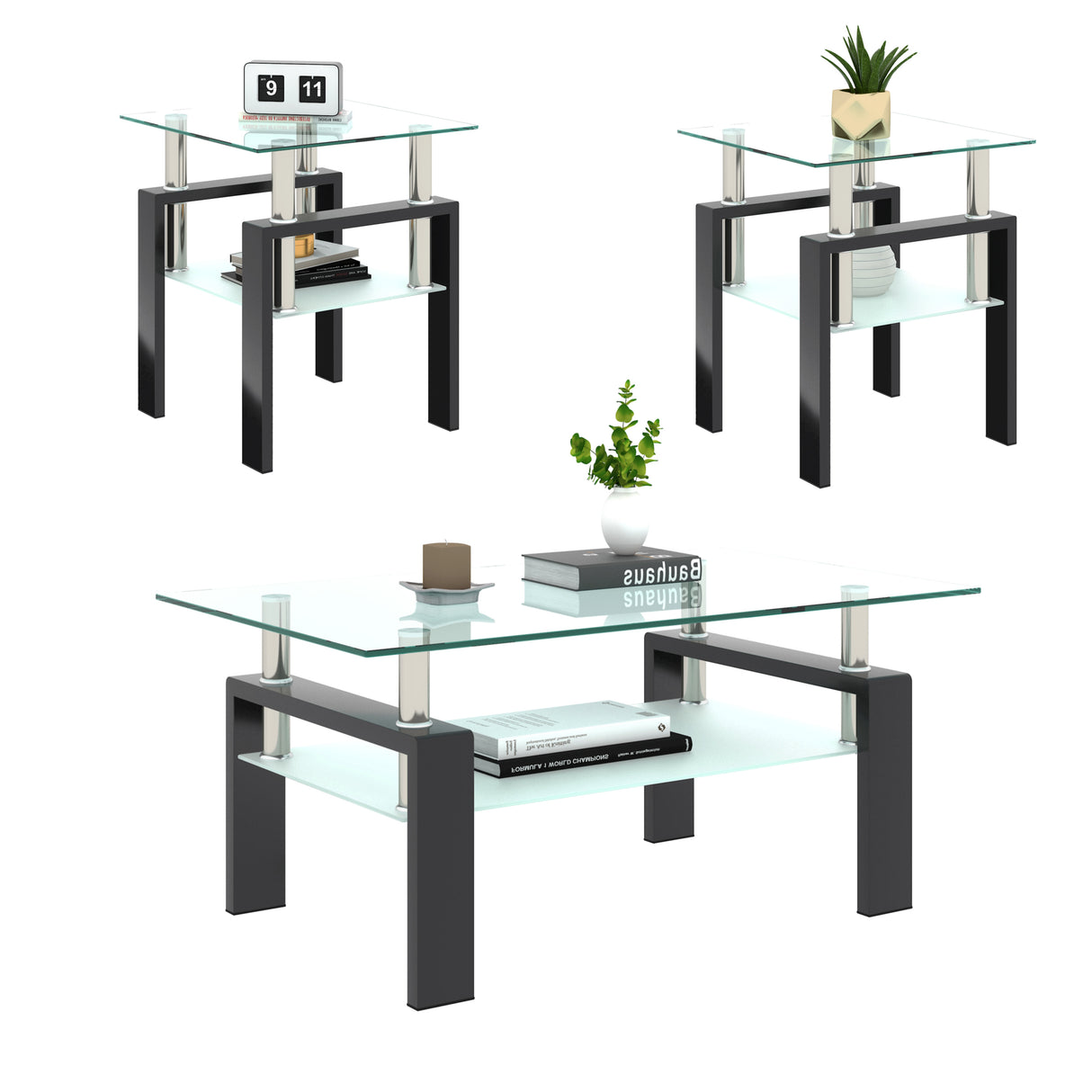 Set of 2, Modern Tempered Glass Tea Table Coffee Table End Table, Square Table for Living Room, Transparent/Black - V.I.P Digital Presence