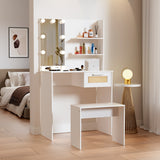 Vanity Desk Set Stool & Dressing Table with LED Lighting Mirror Drawer and Wood Cosmetic Table Chest of Drawers White Color - V.I.P Digital Presence