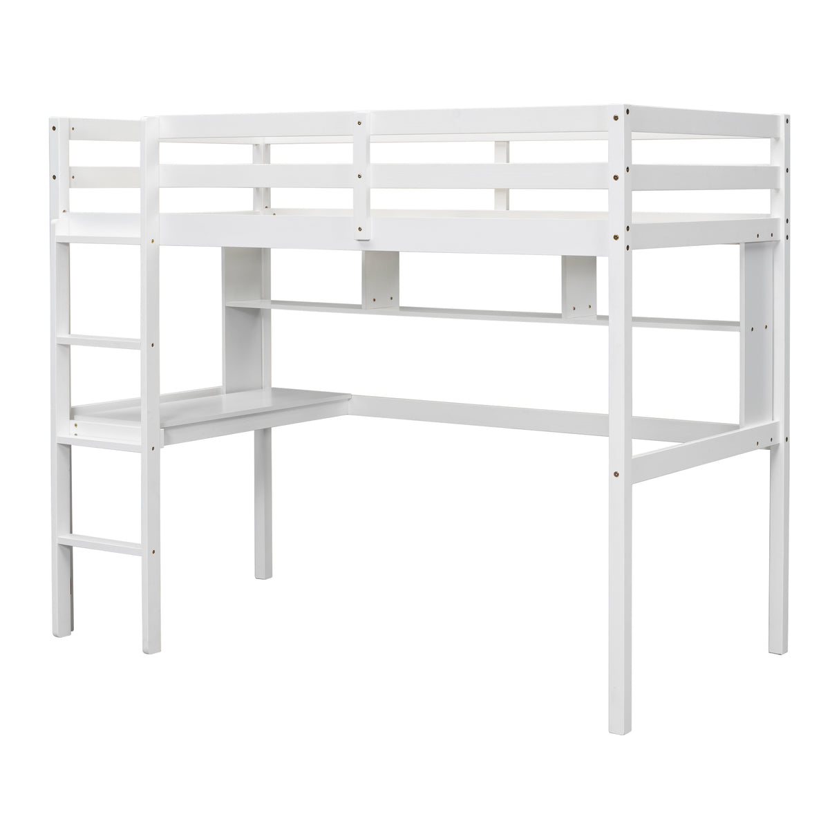 Twin Loft Bed with built-in desk and bookcase of three compartments, Guardrails and Ladder,White - V.I.P Digital Presence