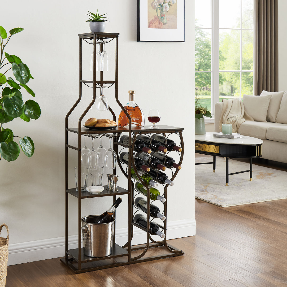 Grey 11 bottle wine grill, 5-layer independent wine rack, with hanging glass rack and storage rack for home wine storage - V.I.P Digital Presence