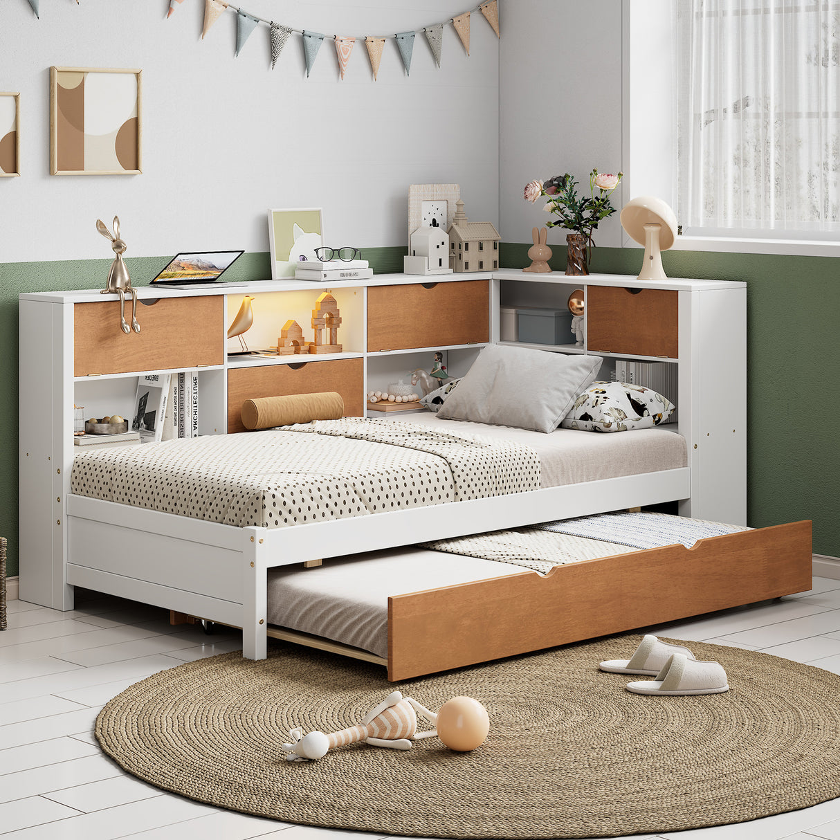 L-shaped bed frame with luggage and bookshelf, corner bed wooden captain's bed LED tube light and USB port walnut and white - V.I.P Digital Presence