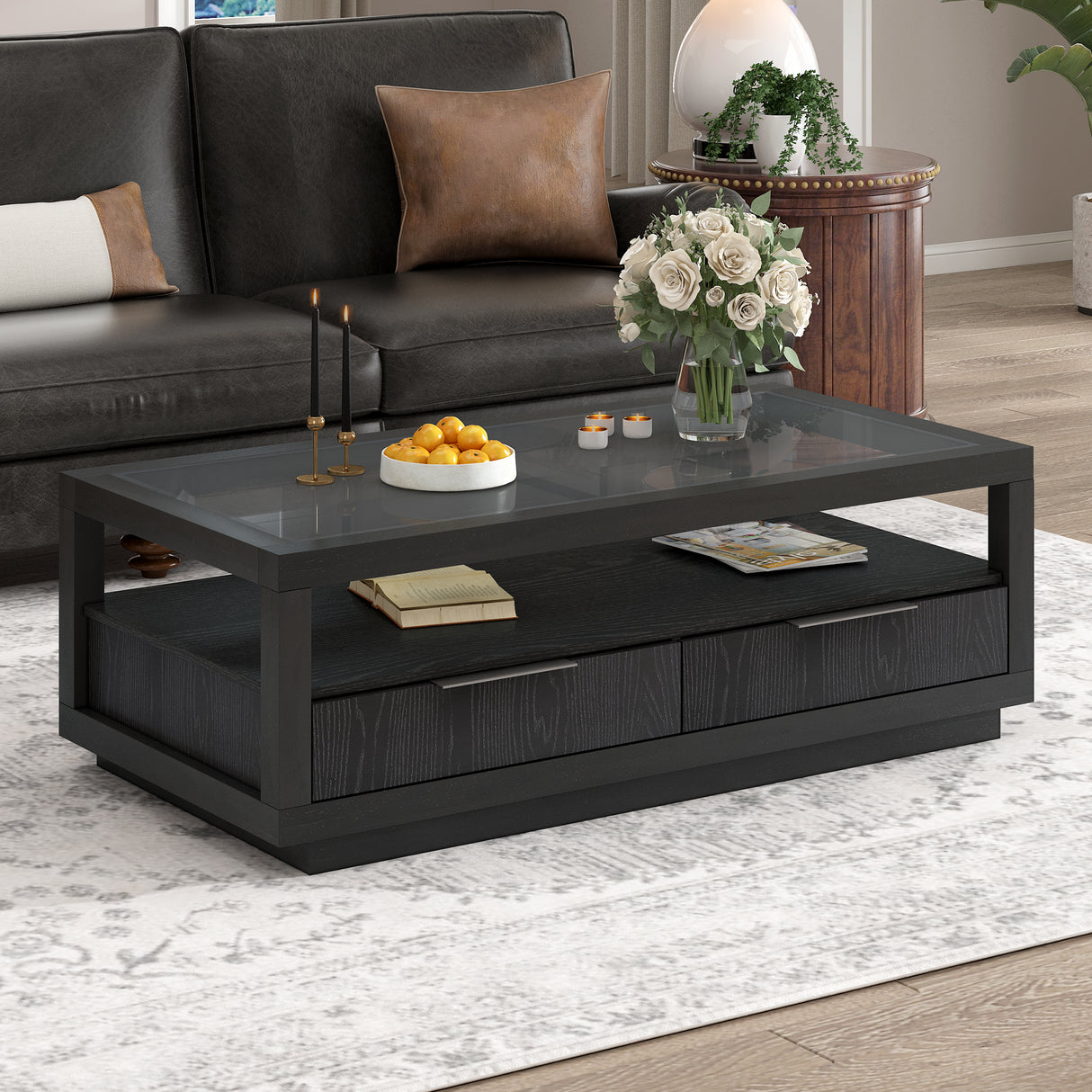 U-Can modern wooden coffee table with 2 drawers and minimalist display coffee table with transparent tempered glass - V.I.P Digital Presence