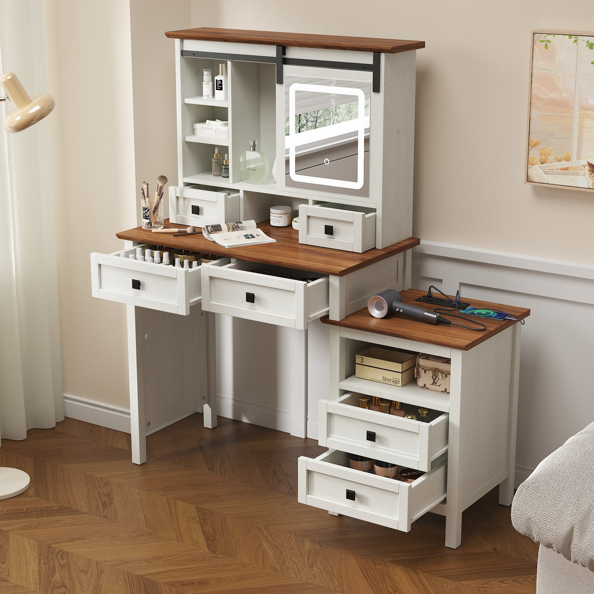46.5-inch dressing table with adjustable LED lighting mirror and charging station, equipped with soft cushioned stool - V.I.P Digital Presence