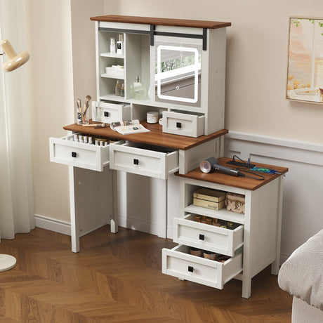 46.5-inch dressing table with adjustable LED lighting mirror and charging station, equipped with soft cushioned stool - V.I.P Digital Presence