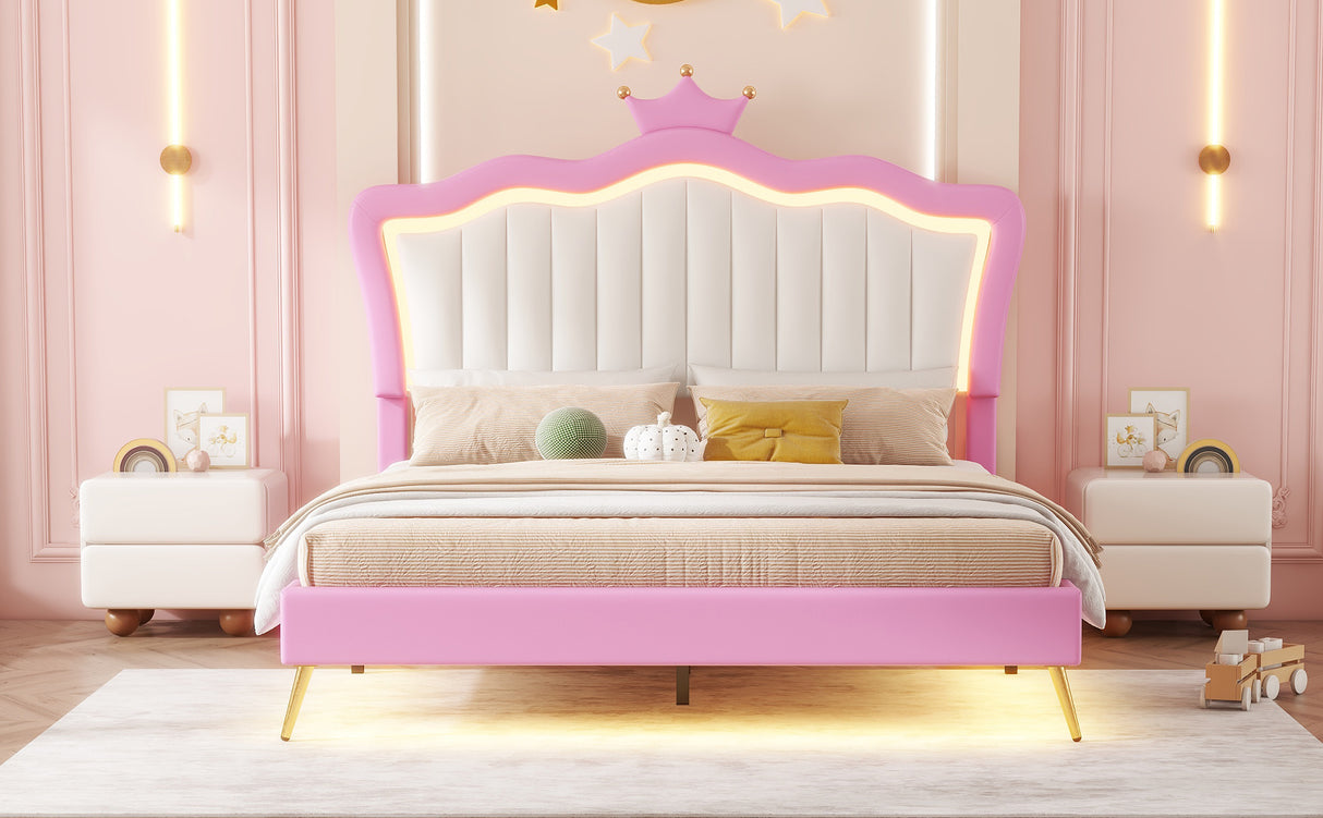 Full Size Upholstered Bed Frame with LED Lights, Modern Upholstered Princess Bed with Crown Headboard, Pink+White - V.I.P Digital Presence