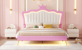 Full Size Upholstered Bed Frame with LED Lights, Modern Upholstered Princess Bed with Crown Headboard, Pink+White - V.I.P Digital Presence