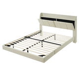 Large floating bed frame with storage headboard, touch sensor, night light and USB charger, padded platform bed, beige color - V.I.P Digital Presence