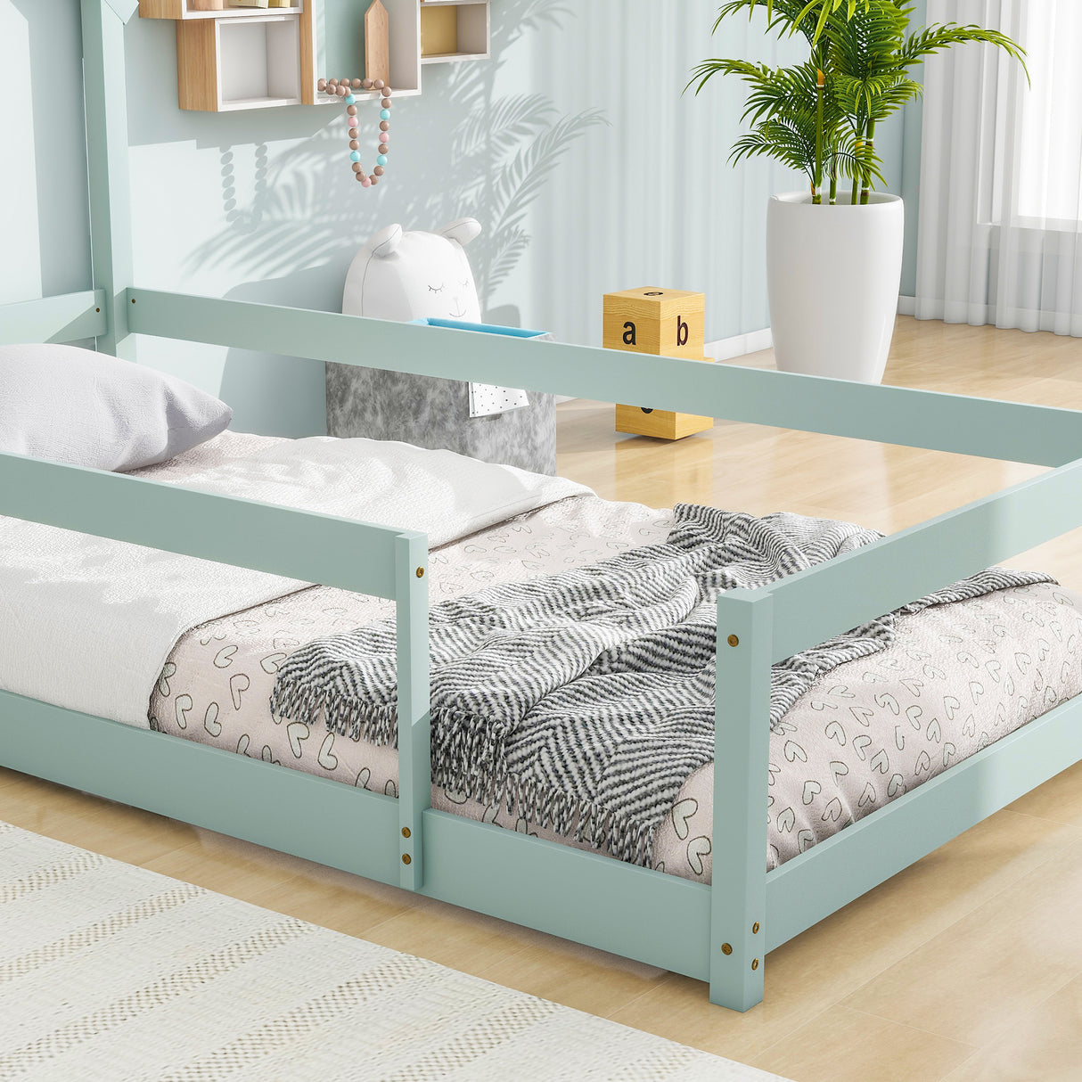 Twin Size Wood bed with House-shaped Headboard Floor bed with Fences,Light Green - V.I.P Digital Presence