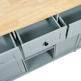 Kitchen handcart with rubber wood leaf countertop, storage cabinet, shelf, and 3 dining room drawers, gray blue - V.I.P Digital Presence