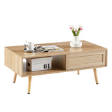 41.34" Rattan Coffee table sliding door for storage solid wood legs Modern table for living room  natural - V.I.P Digital Presence