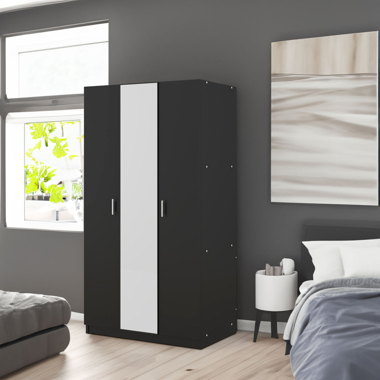 3 Door Wardrobe with Mirror, Armoire with Hanging Rod and 3 Fixed Shelves,Black - V.I.P Digital Presence