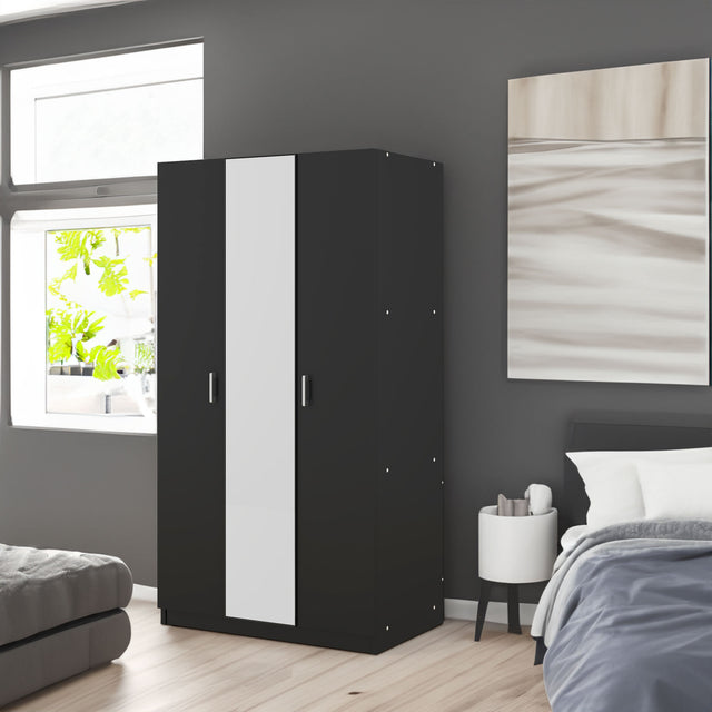 3 Door Wardrobe with Mirror, Armoire with Hanging Rod and 3 Fixed Shelves,Black - V.I.P Digital Presence