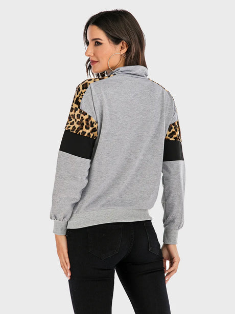 Contrast Leopard Half Zip Long Sleeve Sweatshirt - V.I.P Digital Presence