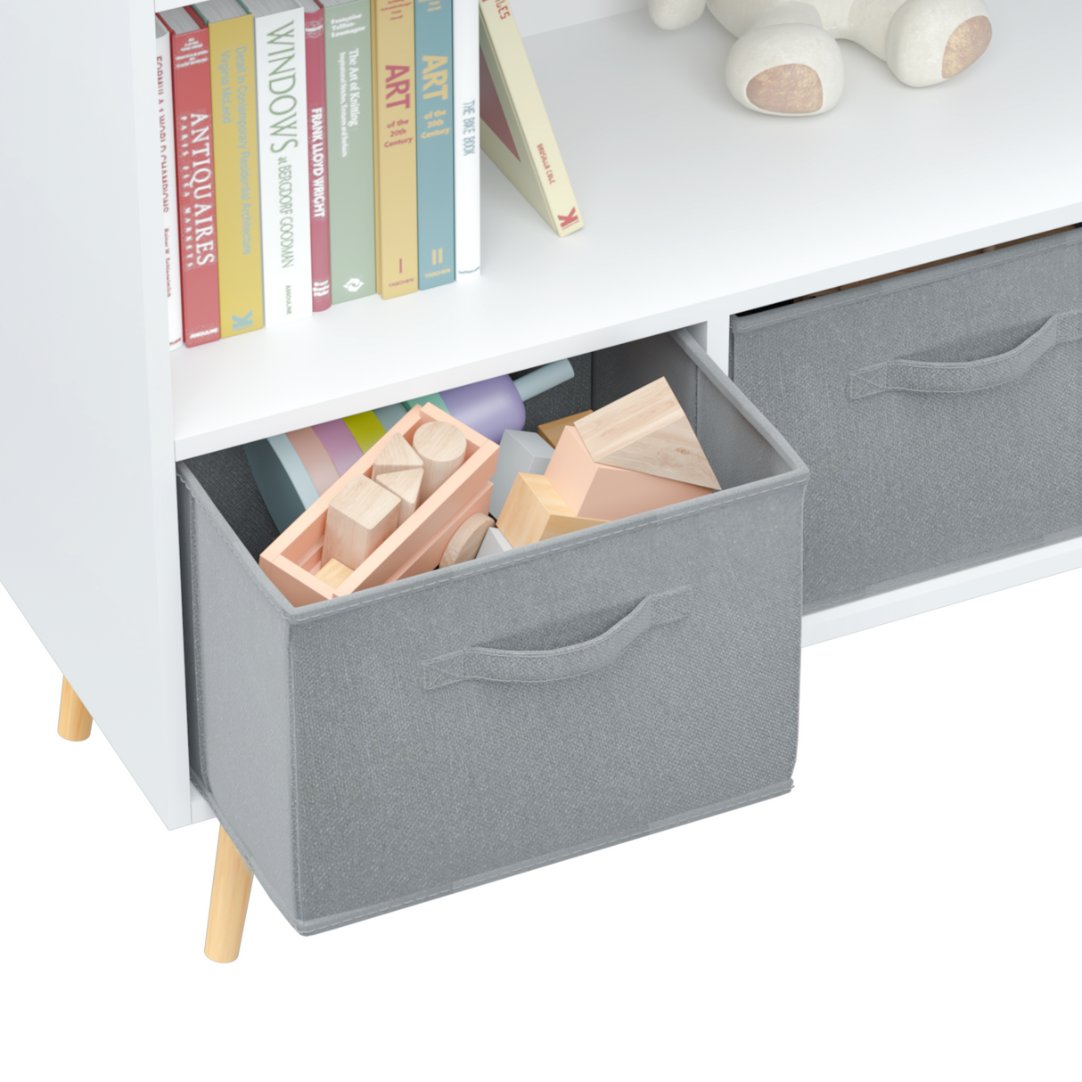 Kids bookcase with Collapsible Fabric Drawers Children's Book Display Toy Storage Cabinet Organizer White/Gray - V.I.P Digital Presence