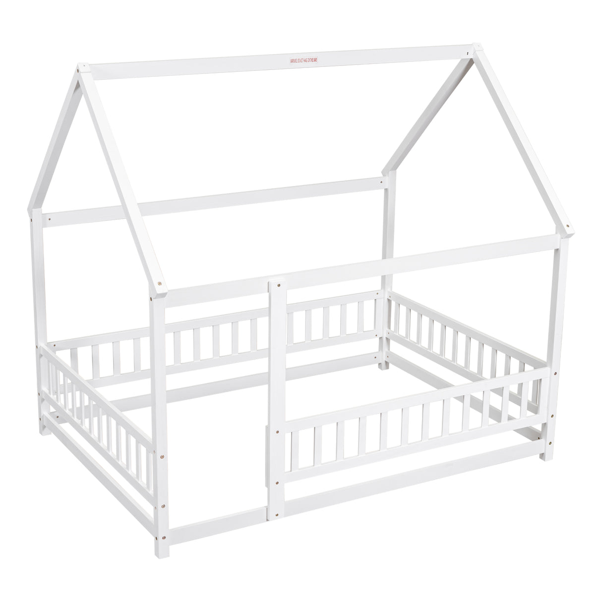 Full Size Floor Wooden Bed with House Roof Frame, Fence Guardrails ,White - V.I.P Digital Presence