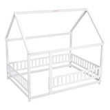 Full Size Floor Wooden Bed with House Roof Frame, Fence Guardrails ,White - V.I.P Digital Presence