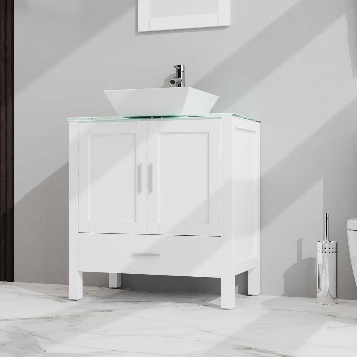 Goodyo 30" Bathroom Vanity and Sink Combo Glass Top Cabinet w/Mirror, White - V.I.P Digital Presence