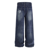 Street Design Floral Embroidered Denim Wide-Leg Long Pants Men's Vibe Trendy Washed Distressed Straight Leg Trousers - V.I.P Digital Presence