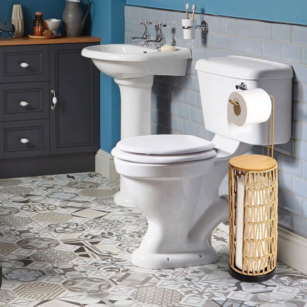 Freestanding Toilet Paper Holder with Storage 3 Rolls of Tissue Holder for Bathroom Handmade Woven Toilet Paper Roll Stand - V.I.P Digital Presence