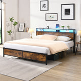 Industrial extra large bed frame with LED lights and 2 USB ports, extra large bed frame with storage space, rural brown color - V.I.P Digital Presence
