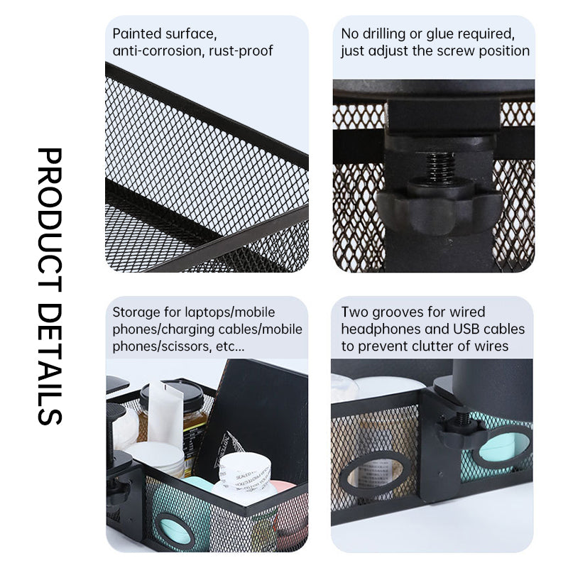 Mesh Desk Organizer with Clamp-on Swivel Pencil Drawer, having a hidden, sturdy C-Clamp mount system and easy installation. - V.I.P Digital Presence