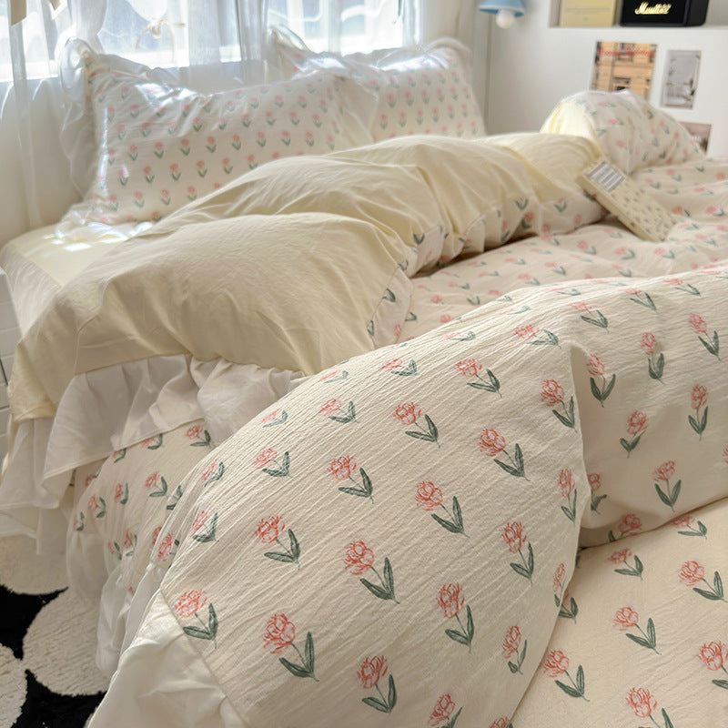 Skin friendly French romantic lace washed cotton printed bed bedding skirt four piece set of bed sheets bedsheet - V.I.P Digital Presence