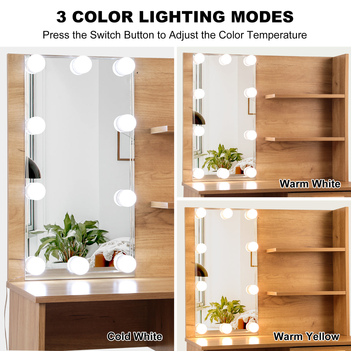 Vanity Desk Set Stool & Dressing Table with LED Lighting Mirror Drawer and Wood Cosmetic Table Chest of Drawers Nature Color - V.I.P Digital Presence