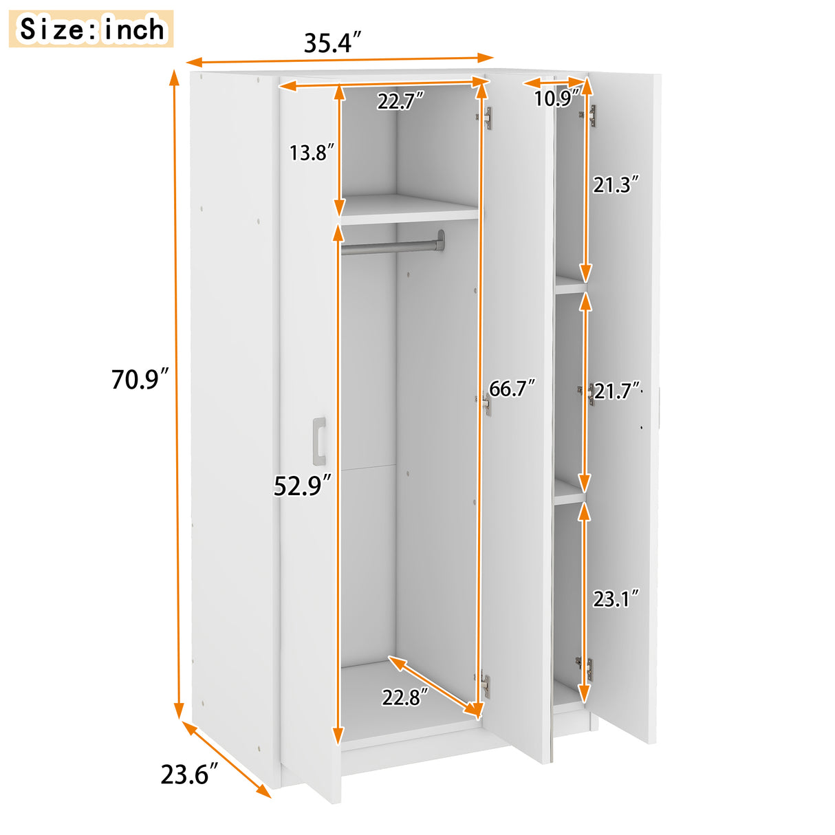 3 Door Wardrobe with Mirror, Armoire with Hanging Rod and 3 Fixed Shelves,White - V.I.P Digital Presence